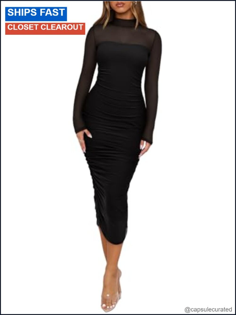 Women's Mesh Long Sleeve Midi Ruched Bodycon Dress Mock Neck Formal Cocktail